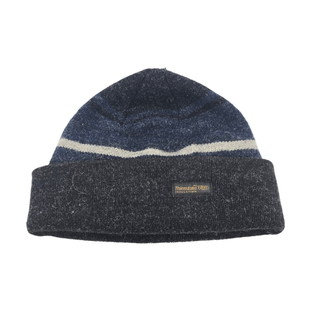 Vintage Thinsulate Ultra Insulated‎ Beanie Hat Mens OSFA Blue Black Striped